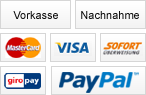 Vorkasse, Nachnahme, Visa, Mastercard, Sofortberweisung, Giropay, Paypal